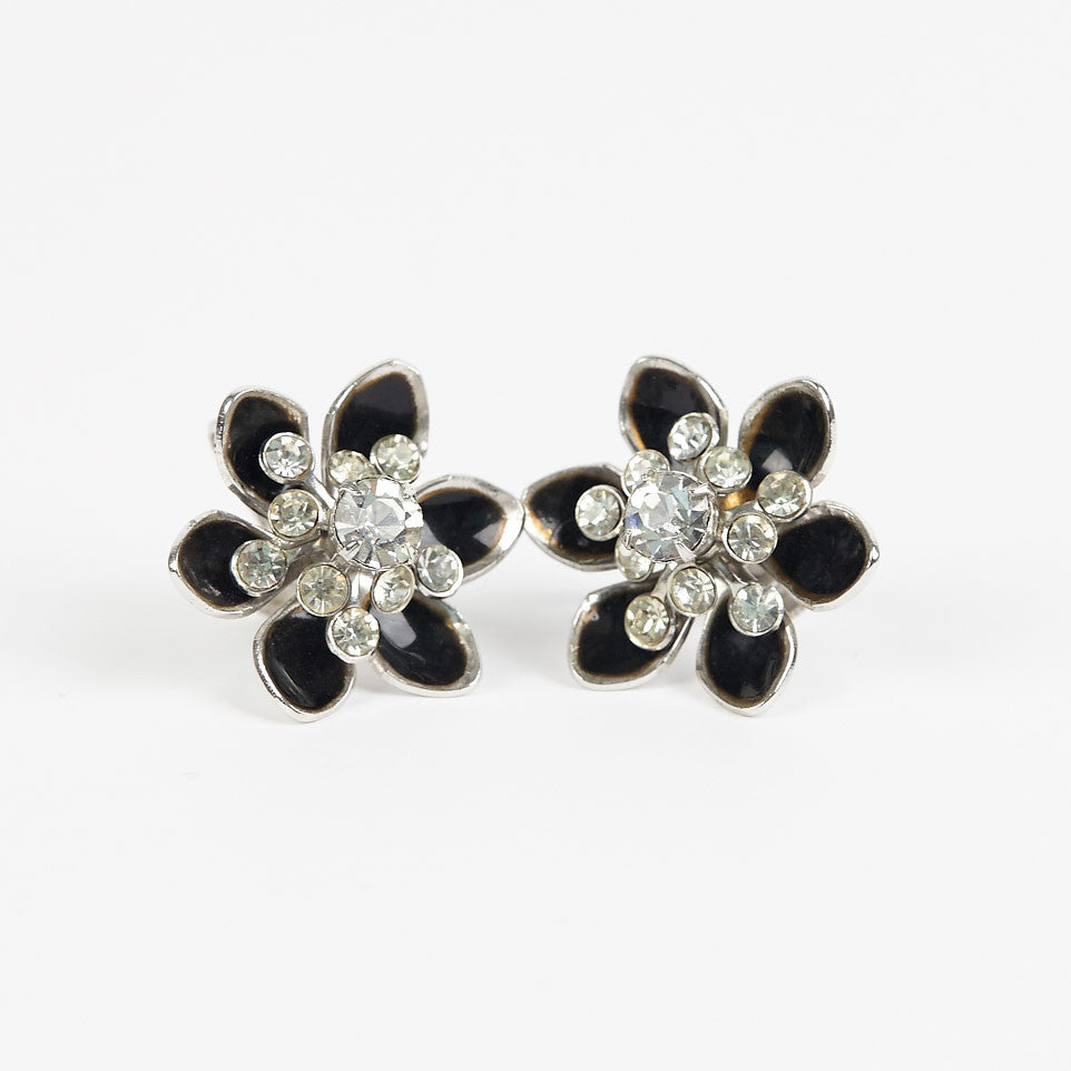 Vintage Black Rhinestone hot Flower Earrings